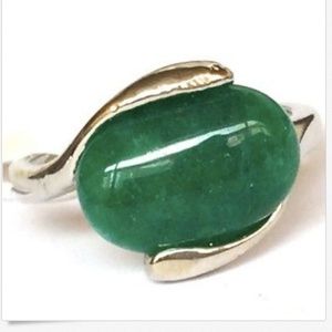 Vintage Silver Green Jade Solitaire Ring Plated Oval Stone Size 9 Minimalist